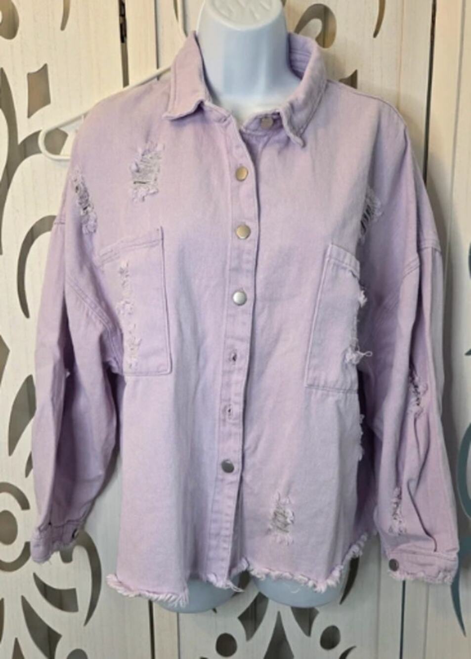 POL Lavender Distressed Denim Shacket Small Frayed Hem Button Front Boho